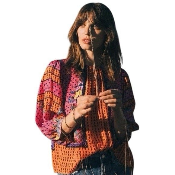 BHANUNI Anthropologie Viscose Emilia Peasant Vibrant Pink Oversize Beaded Top XS - Picture 14 of 14